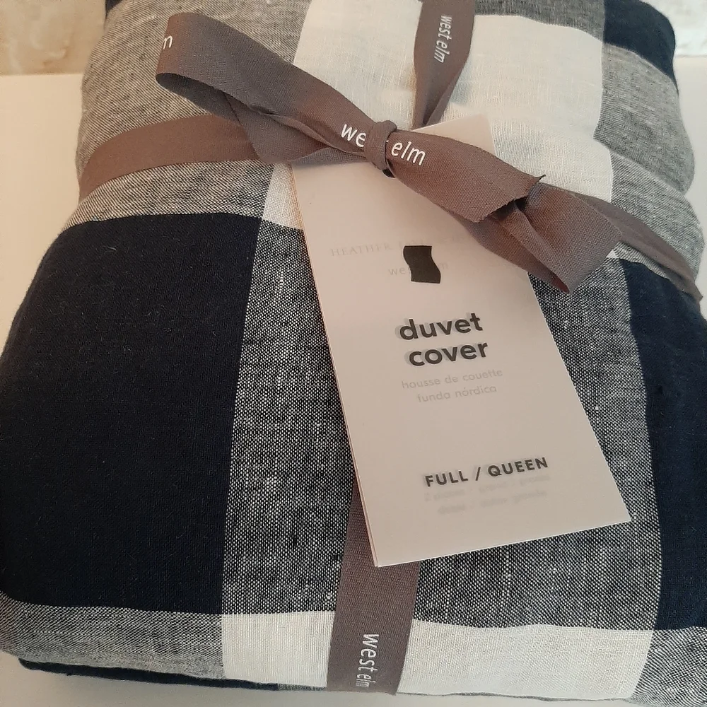 West Elm Heather Taylor Home Gingham Full Queen Linen Duvet Cover Midnight